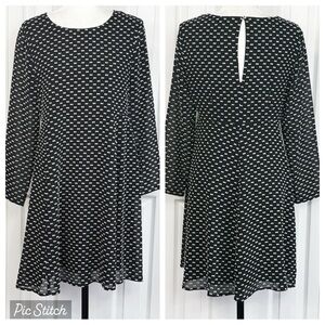 CeCe Black White Bow Print Long Sleeve Fit & Flare Mini Dress 10